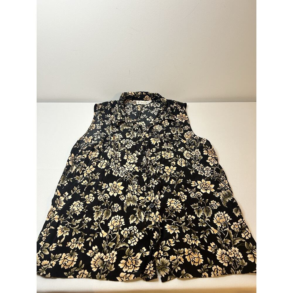 Creek 90s Black Floral Sleeveless Button Front Blouse Size M Vintage Style